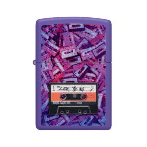 تصویر فندک Zippo مدل 80s Cassette Tape Design با طراحی نوار کاست روی بدنه بنفش مات
