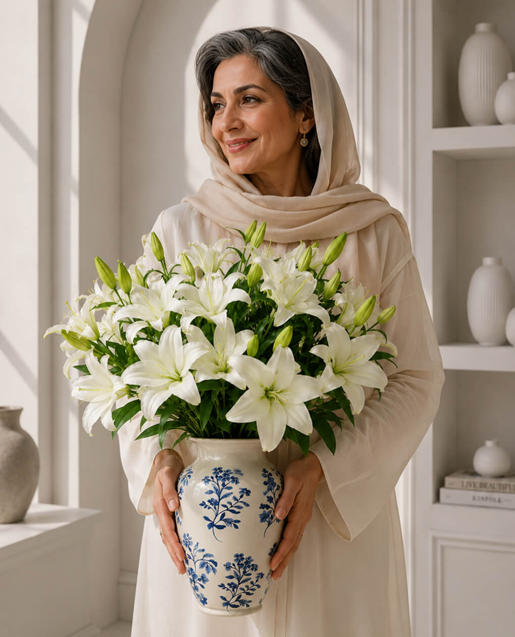 گل لیلیوم سفید در گلدان آبی - تصویر 2