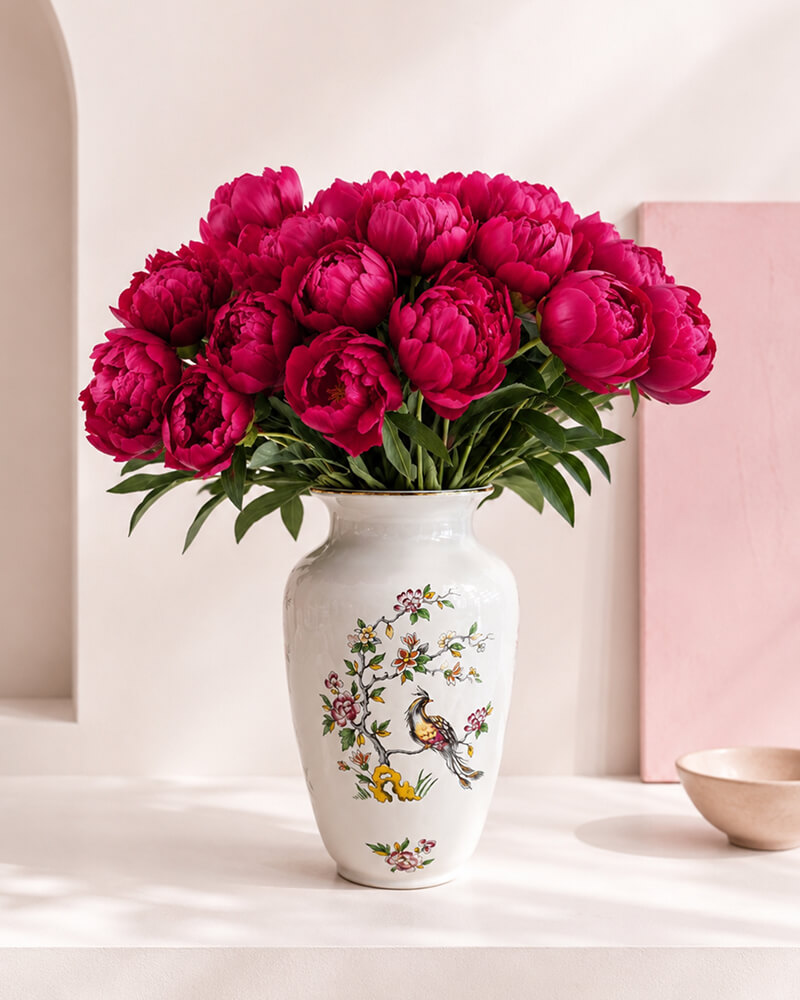 دسته گل پیونی سرخابی در گلدان سیمرغ