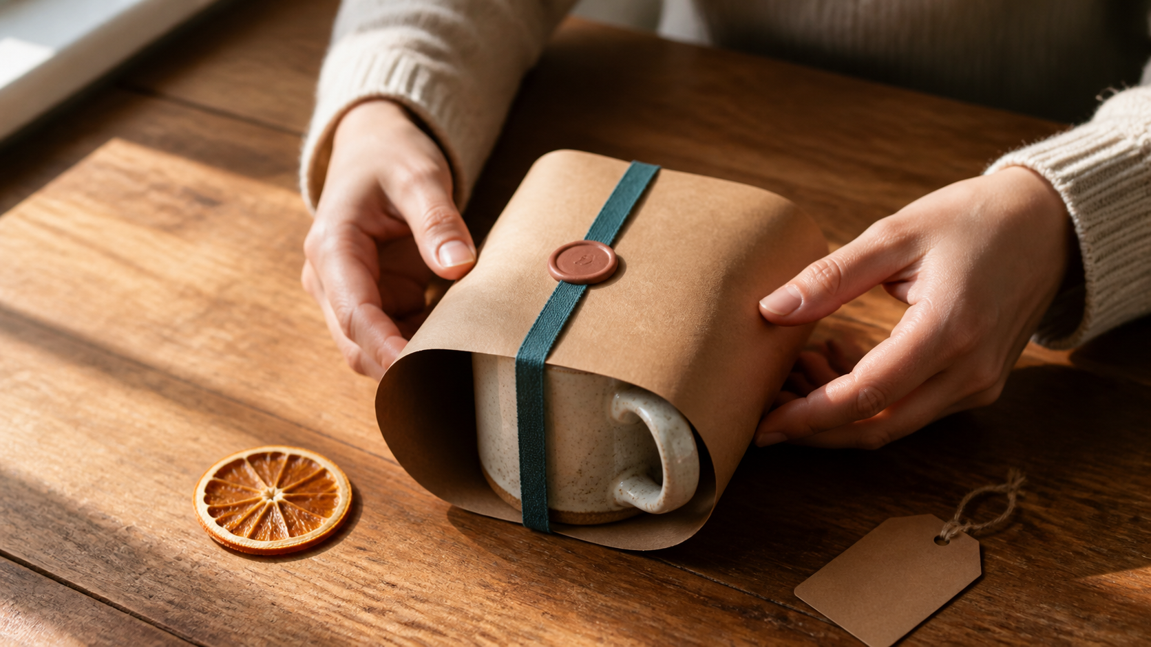 ساختن روکش کاغذی ساده برای یک لیوان هدیه با روبان سبزآبی روی میز چوبی