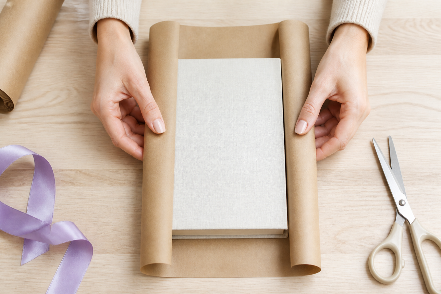 بررسی عرض مناسب کاغذ کادو در دو طرف کتاب با روبان یاسی و قیچی
