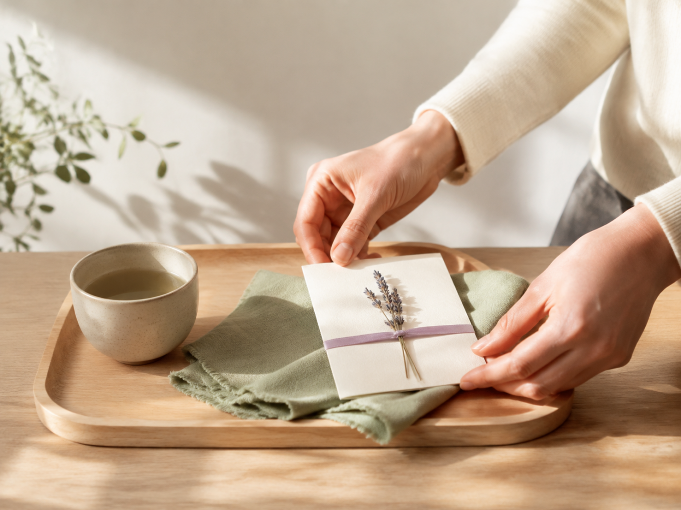 سینی هدیه برای مادر با فنجان، پارچه سبز، کارت دعوت و روبان یاسی