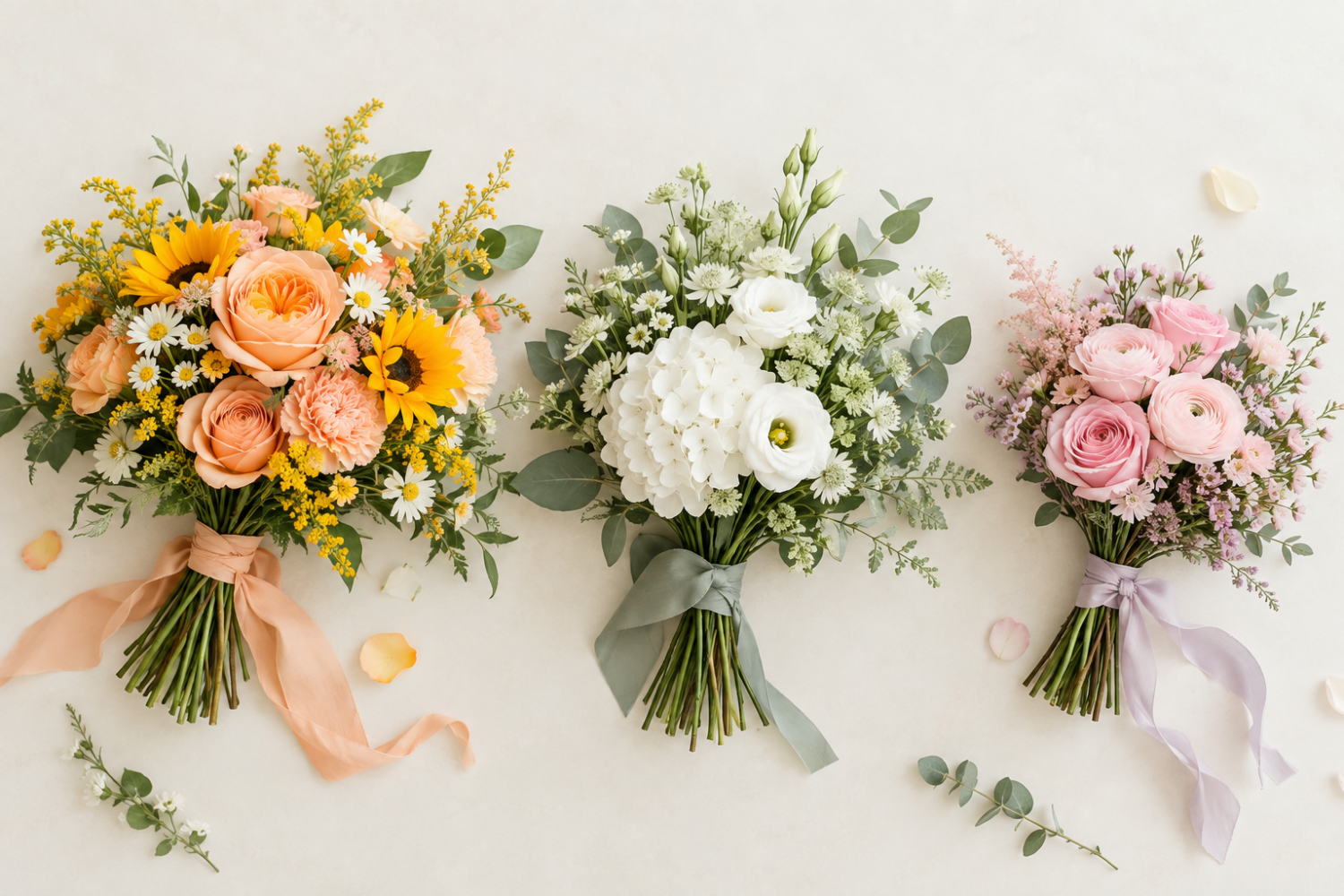 سه سبک دستهگل تازه برای مناسبت دوستانه، رسمی و شخصی روی زمینه روشن