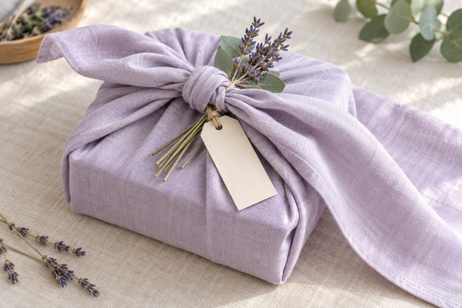 گره ساده پارچه یاسی برای بسته‌بندی کادوی تولد بدون جعبه با کارت خالی و اسطوخودوس