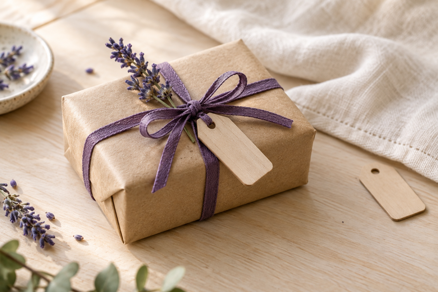 هدیه کرافت با روبان بنفش و تگ چوبی بدون نوشته برای حفظ غافلگیری