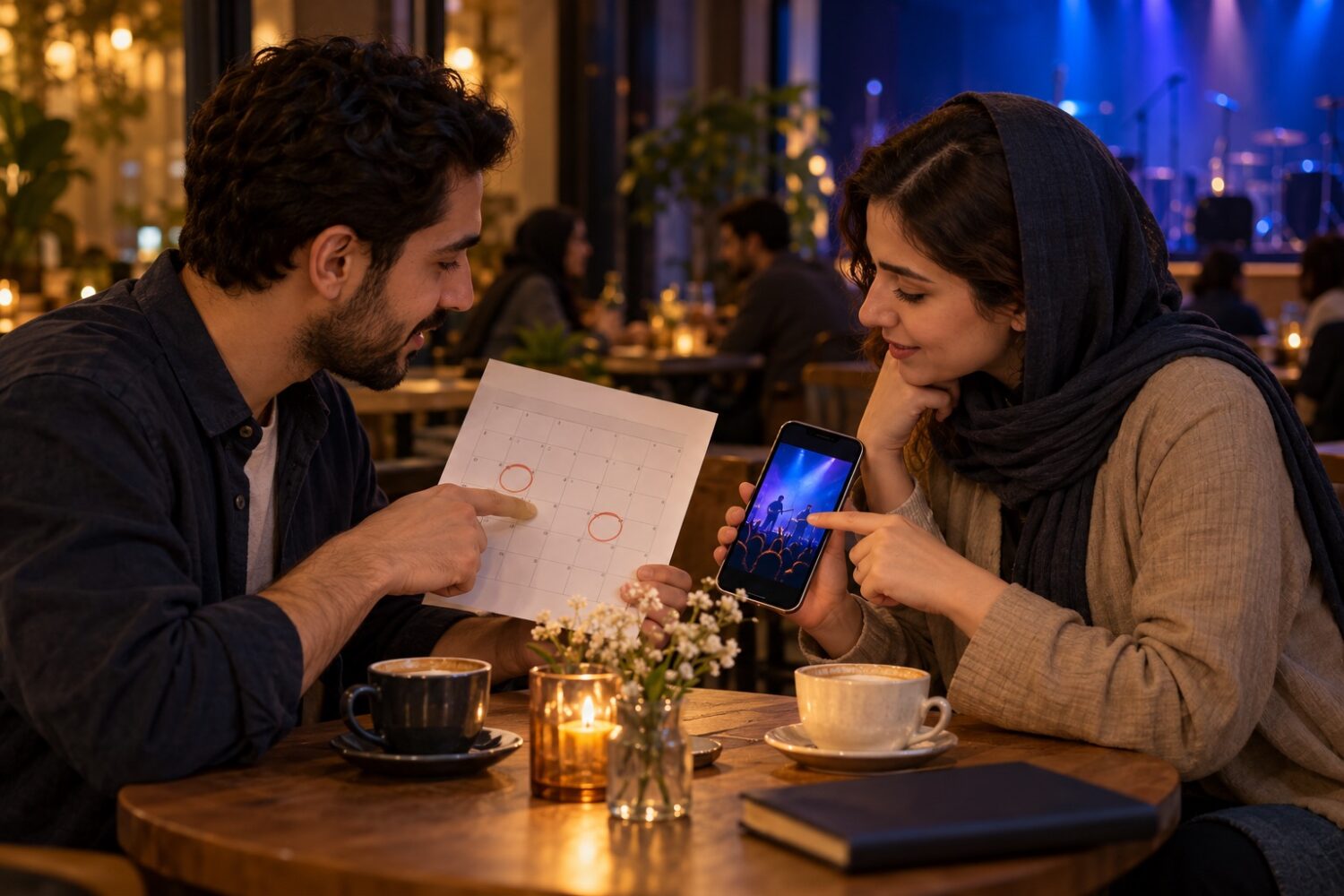 دو دوست پیش از خرید بلیت کنسرت تاریخهای ممکن را روی تقویم بررسی میکنند