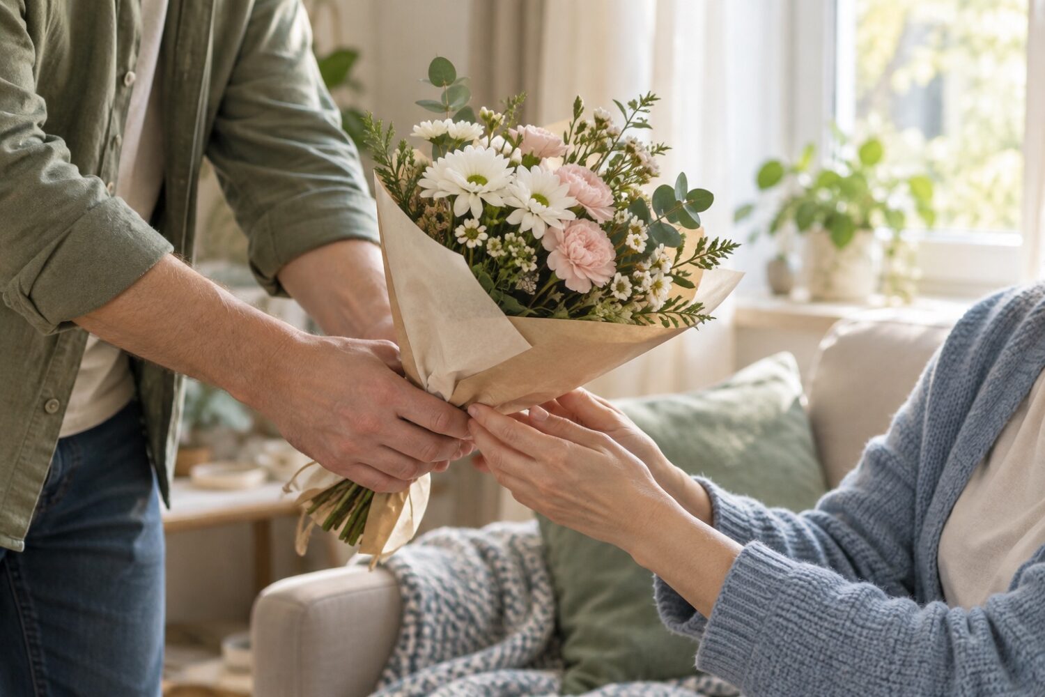 هدیه دادن دسته‌گل کوچک به بیمار پس از بازگشت به خانه