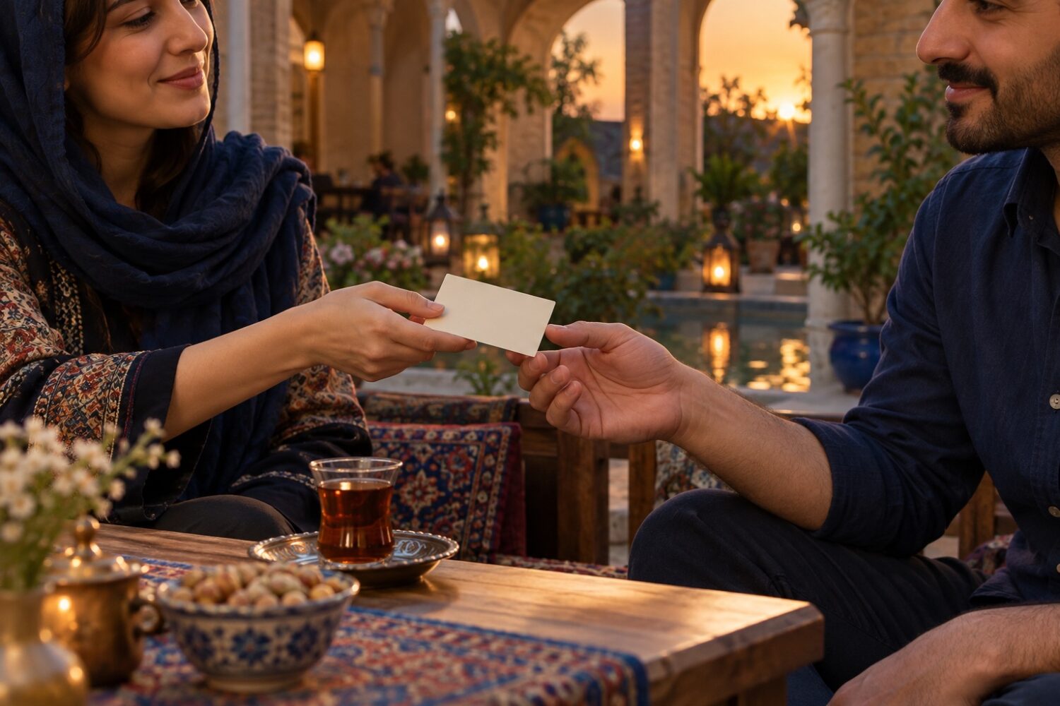 دادن کارت ساده خبر کمک خیریه به دوست در فضای صمیمی