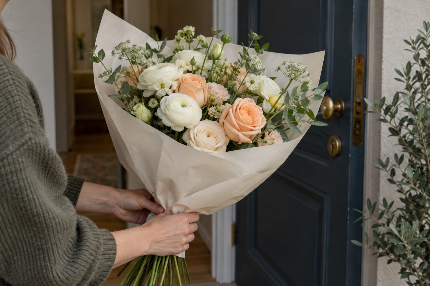 یقه کاغذی باز دور دستهگل با فاصله از گلبرگها برای جلوگیری از له شدن