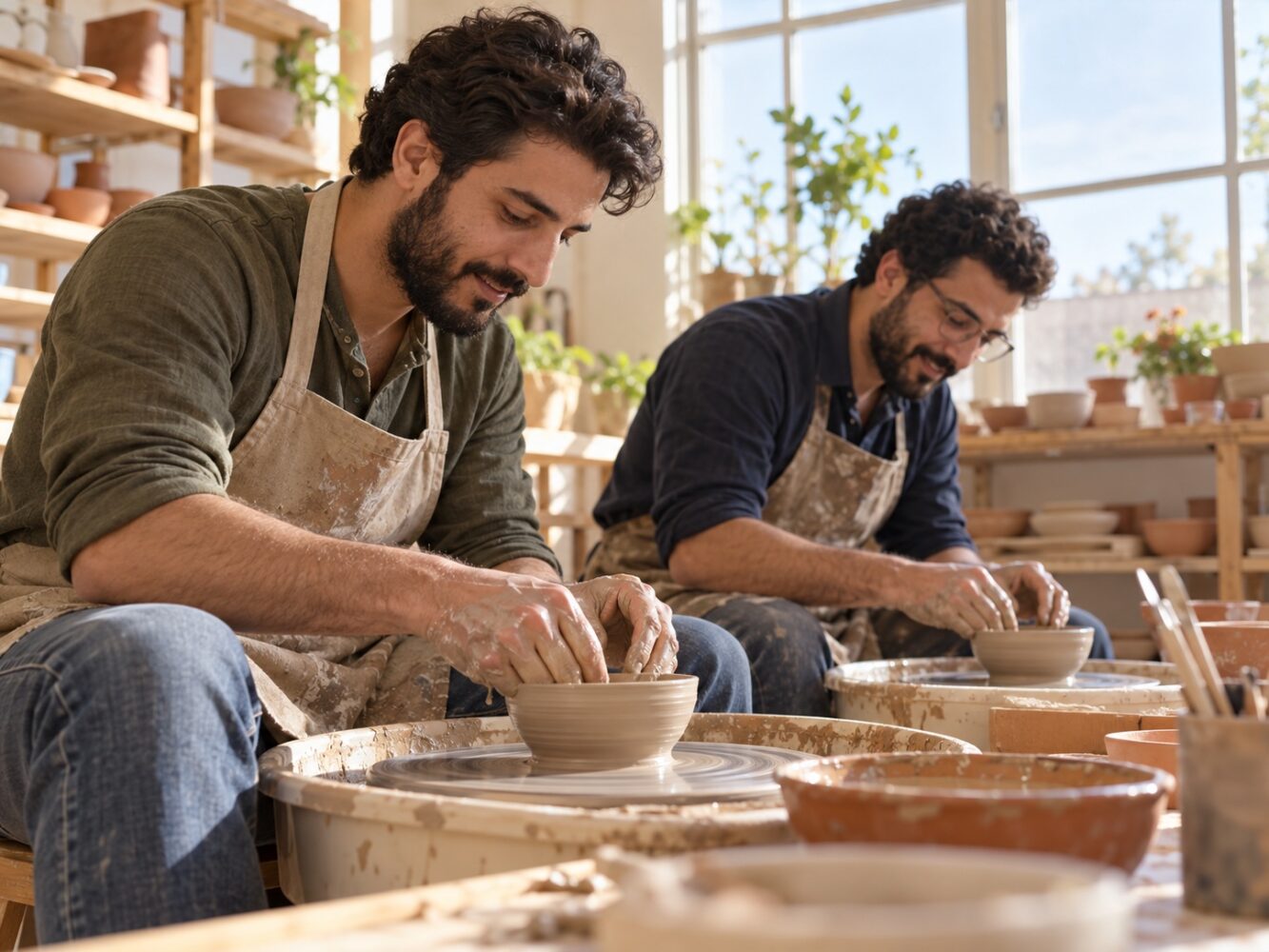 دو دوست در کارگاه سفالگری و تجربهای مشترک بهجای هدیه کلیشهای