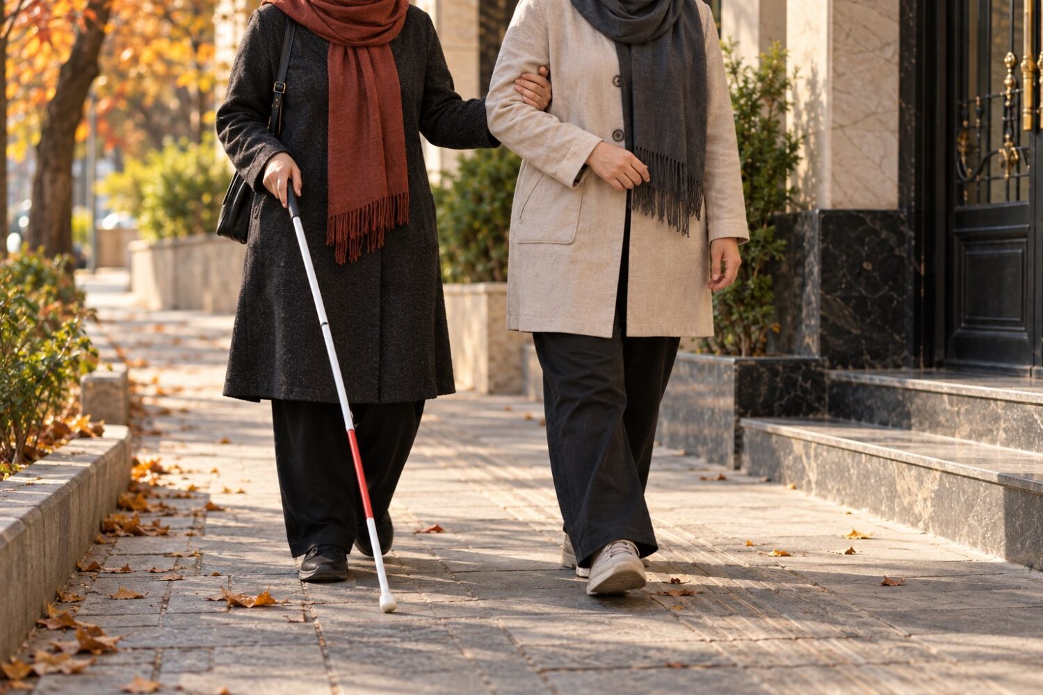 فرد نابینا با عصای سفید پس از پذیرش کمک، بازوی همراه خود را گرفته است