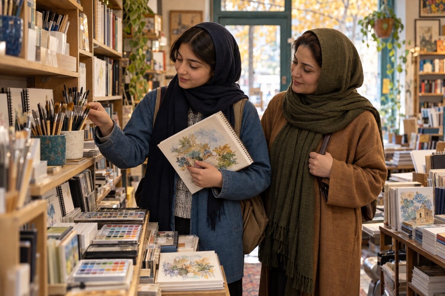 دختر نوجوان در فروشگاه لوازم هنری دفتر و قلم‌مو انتخاب می‌کند