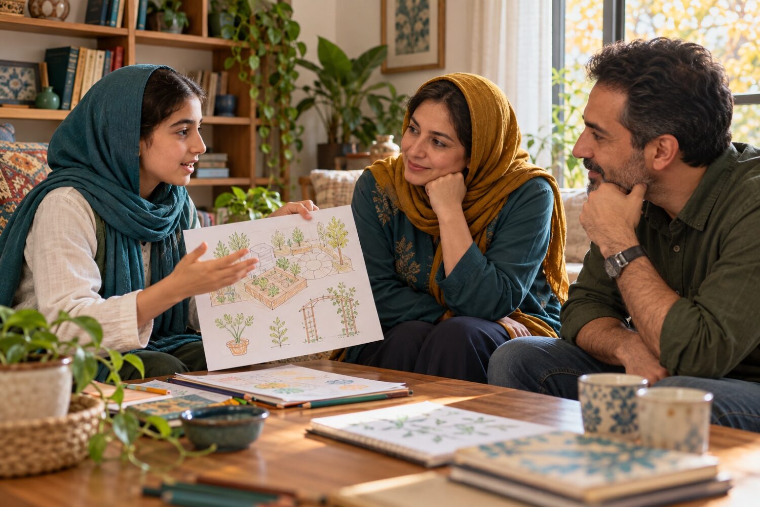 دختر نوجوان درباره طرح باغچه‌اش با خانواده گفت‌وگو می‌کند